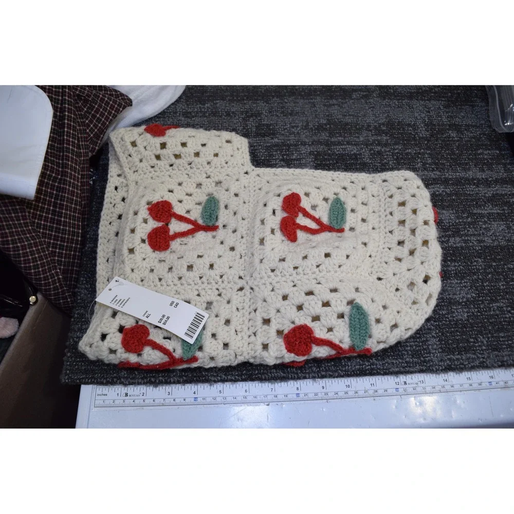 Urban Outfitters Cherry Crochet Balaclava Creme Off-White Granny Square Hood NEW